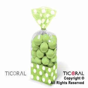 BOLSA CON FUELLE 10 x 15 CON LUNARES VERDE MANZANA CON PRECINTOS HS7188-4 x 18