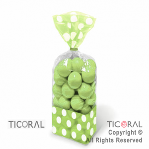 BOLSA CON FUELLE 10 x 15 CON LUNARES VERDE MANZANA CON PRECINTOS HS7188-4 x 18