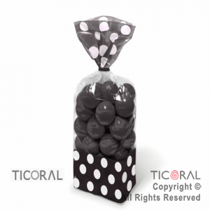 BOLSA CON FUELLE 10 x 15 CON LUNARES NEGRO CON PRECINTOS HS7188-6 x 18