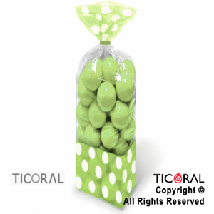 BOLSA CON FUELLE 8 x 27 CON LUNARES VERDE MANZANA CON PRECINTOS HS7190-4 x 10