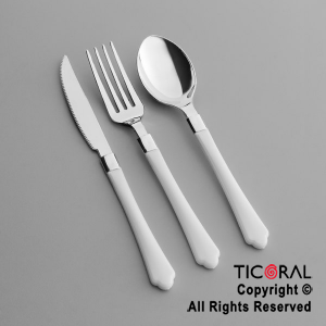 CUBIERTOS DE PLASTICO (TENEDOR CUCHILLO Y CUCHARA) PLATA CON MANGO BLANCO HS8970 x 18