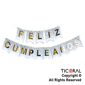 BANDERIN FELIZ CUMPLE FONDO DE CONFETI COLOR BLANCO CON STAMPING x 1