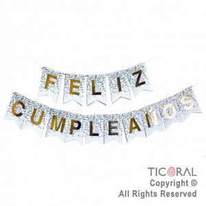 BANDERIN FELIZ CUMPLE FONDO DE CONFETI COLOR BLANCO CON STAMPING x 1