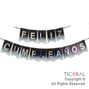 BANDERIN FELIZ CUMPLE FONDO DE CONFETI COLOR NEGRO CON STAMPING x 1