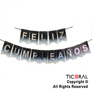 BANDERIN FELIZ CUMPLE FONDO DE CONFETI COLOR NEGRO CON STAMPING x 1