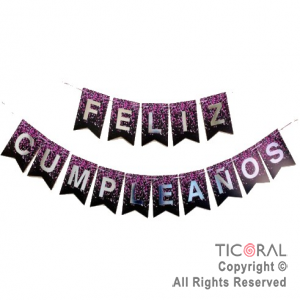 BANDERIN FELIZ CUMPLE FONDO DE CONFETI COLOR FUCSIA CON STAMPING x 1