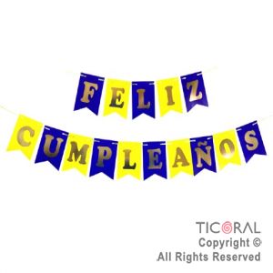 BANDERIN FELIZ CUMPLEAOS COLOR AZUL Y AMARILLO CON STAMPING x 1