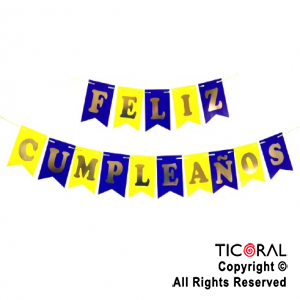 BANDERIN FELIZ CUMPLEAOS COLOR AZUL Y AMARILLO CON STAMPING x 1