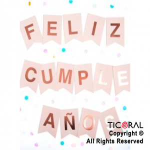 BANDERIN FELIZ CUMPLEAOS COLOR ROSA CON STAMPING ROSA GOLD x 1