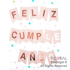 BANDERIN FELIZ CUMPLEAOS COLOR ROSA CON STAMPING ROSA GOLD x 1