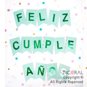 BANDERIN FELIZ CUMPLEAOS COLOR AGUAMARINA CON STAMPING VERDE x 1