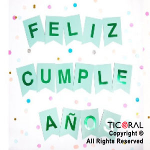 BANDERIN FELIZ CUMPLEAOS COLOR AGUAMARINA CON STAMPING VERDE x 1