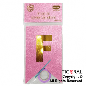 BANDERIN FELIZ CUMPLE LUJO DX ROSA CON GLITTER CON STAMPING x 1