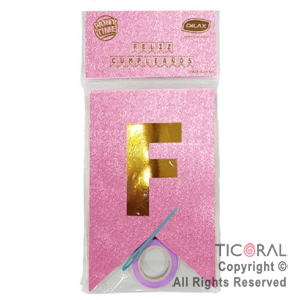 BANDERIN FELIZ CUMPLE LUJO DX ROSA CON GLITTER CON STAMPING x 1