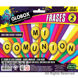 GLOBO FRASE IMPRESO MI COMUNION AMARILLOS GLOBOX 12