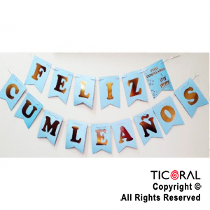 BANDERIN FELIZ CUMPLEAOS COLOR CELESTE PASTEL CON STAMPING x 1