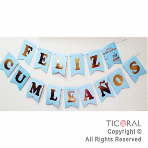 BANDERIN FELIZ CUMPLEAOS COLOR CELESTE PASTEL CON STAMPING x 1