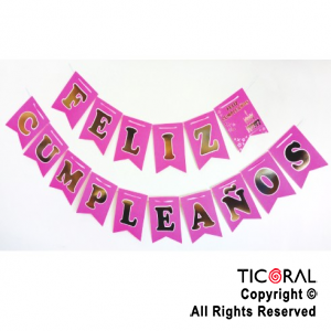 BANDERIN FELIZ CUMPLEAOS COLOR FUCSIA FLUO CON STAMPING x 1