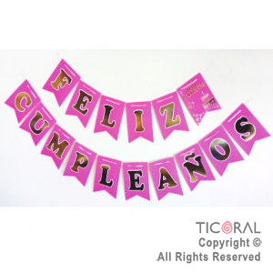 BANDERIN FELIZ CUMPLEAOS COLOR FUCSIA FLUO CON STAMPING x 1