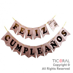 BANDERIN FELIZ CUMPLEAOS COLOR ROSA GOLD CON STAMPING x 1