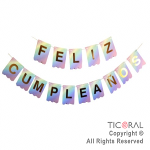 BANDERIN FELIZ CUMPLE COLOR IRIDISCENTE MULTICOLOR CON STAMPING x 1