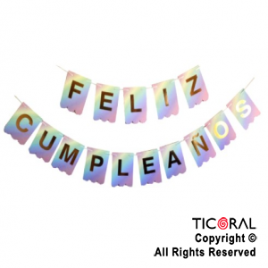 BANDERIN FELIZ CUMPLE COLOR IRIDISCENTE MULTICOLOR CON STAMPING x 1