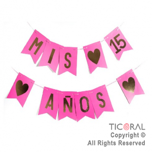 BANDERIN MIS 15 AOS COLOR ROSA FUCSIA CON STAMPING x 1