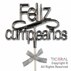 CAKE TOPPER FELIZ CUMPLEAOS COLOR PLATA CON PINCHE X 1