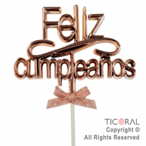 CAKE TOPPER FELIZ CUMPLEAOS COLOR ROSA GOLD CON PINCHE X 1