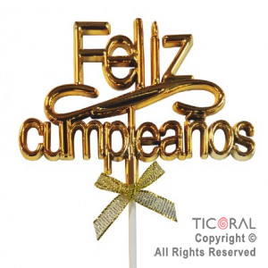 CAKE TOPPER FELIZ CUMPLEAOS COLOR ORO CON PINCHE X 1