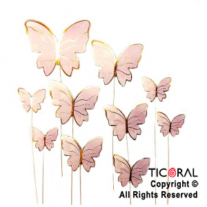 CAKE TOPPER MARIPOSA ROSA BORDE DORADO CON PINCHE X 12 UNIDADES