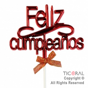 CAKE TOPPER FELIZ CUMPLEAOS COLOR ROJO CON PINCHE X 1