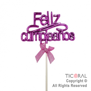 CAKE TOPPER FELIZ CUMPLEAOS COLOR FUCSIA CON PINCHE X 1