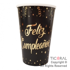 VASO POLIPAPEL 240CC FELIZ CUMPLEAOS NEGRO CON STAMPING X 8