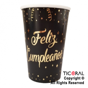 VASO POLIPAPEL 240CC FELIZ CUMPLEAOS NEGRO CON STAMPING X 8