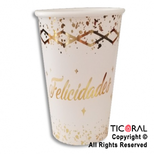 VASO POLIPAPEL 240CC FELICIDADES BLANCO CON STAMPING X 8