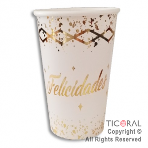 VASO POLIPAPEL 240CC FELICIDADES BLANCO CON STAMPING X 8