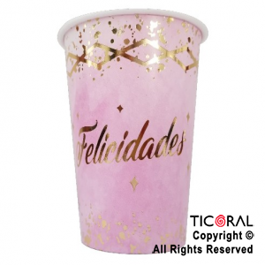 VASO POLIPAPEL 240CC FELICIDADES ROSA CON STAMPING X 8