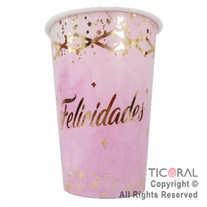 VASO POLIPAPEL 240CC FELICIDADES ROSA CON STAMPING X 8