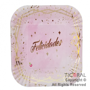 PLATO POLIPAPEL FELICIDADES ROSA CON STAMPING X 8