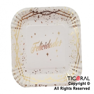 PLATO POLIPAPEL FELICIDADES BLANCO CON STAMPING X 8