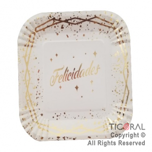 PLATO POLIPAPEL FELICIDADES BLANCO CON STAMPING X 8