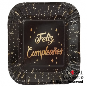 PLATO POLIPAPEL FELIZ CUMPLEAOS NEGRO CON STAMPING X 8