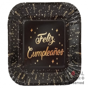 PLATO POLIPAPEL FELIZ CUMPLEAOS NEGRO CON STAMPING X 8