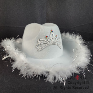 SOMBRERO COWBOY CORONA DECO PLATA Y PLUMAS BLANCO x 1