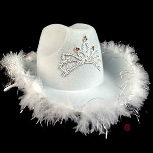 SOMBRERO COWBOY CORONA DECO PLATA Y PLUMAS BLANCO x 1