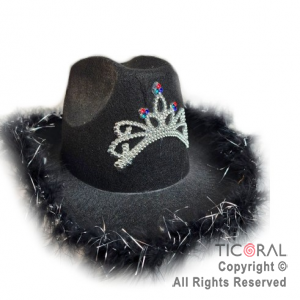 SOMBRERO COWBOY CORONA DECO PLATA Y PLUMAS NEGRO x 1