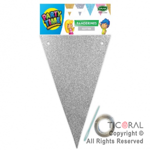 BANDERIN TRIANGULAR GLITTER DX PLATA  x 1